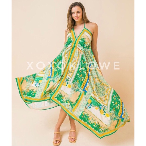 xoxoklowe Dresses & Skirts - Boho Print Hanky Hem Halter Midi Dress
